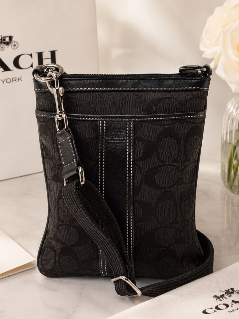 Coach Black Signature Jacquard Small Messenger Crossbody Bag
